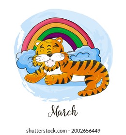 Year 2022 symbol for calendar decoration. March 2022. New Year of the Tiger according to the Chinese or Eastern calendar. Cute vector illustration in hand draw style
