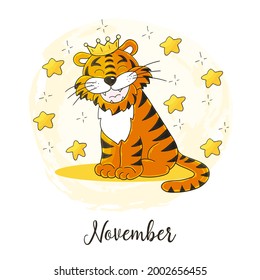 Year 2022 symbol for calendar decoration. November 2022. New Year of the Tiger according to the Chinese or Eastern calendar. Cute vector illustration in hand draw style