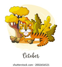 Year 2022 symbol for calendar decoration. October 2022. New Year of the Tiger according to the Chinese or Eastern calendar. Cute vector illustration in hand draw style