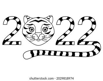 Year 2022 with tiger face and striped tail, year of the tiger - vector linear lettering for coloring. Outline. Year of the tiger. New Year's tiger lettering 2022 for coloring.