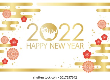 The Year 2022, The Year Of The Tiger, New Year’s Greeting Card Template Decorated With Japanese Vintage Cloud And Flower Patterns. Vector Illustration. Horizontally Repeatable.