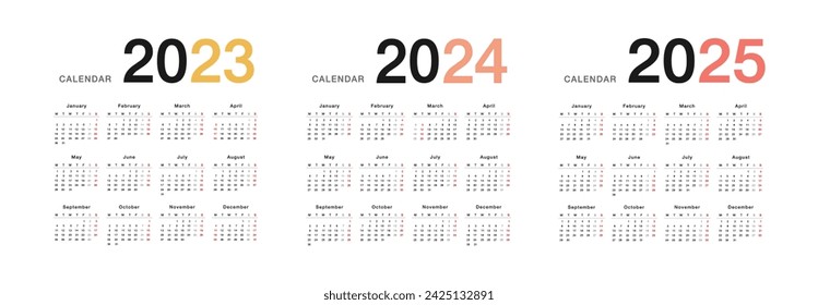 Year 2023 and Year 2024 and Year 2025 calendar vector design template, simple and clean design. Calendar for 2024 and 2025 on White Background for organization and business. Week Starts Monday.	