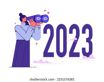 Year 2023 business outlook, vision to see the way forward, forecast, prediction and business success concept, businesswoman leader using telescope to see vision on top of 2023 number