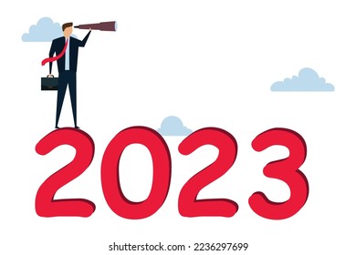 Year 2023 business outlook, vision to see the way forward, forecast, prediction and business success concept, businessman leader using telescope to see vision on top of ladder above year 2023 number