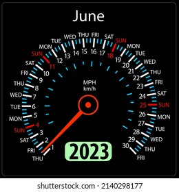 Year 2023 calendar speedometer car in vector. June