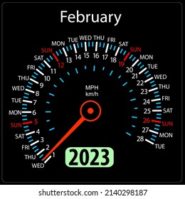 Year 2023 calendar speedometer car in vector. February
