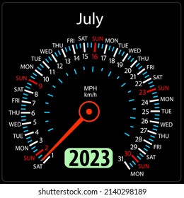 Year 2023 calendar speedometer car in vector. July