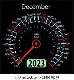 Year 2023 calendar speedometer car in vector. December