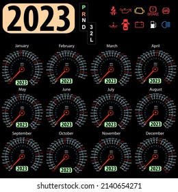 Year 2023 calendar speedometer car in vector