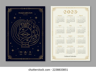 Kalendervorlage 2023 mit dem goldenen Aquarius-Zodiaksymbol