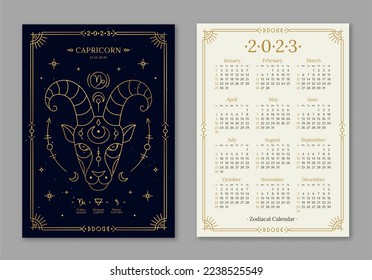 Year 2023 calendar template with Capricorn golden zodiac symbol. Pocket size dark navy color calendar with Goat horoscope sign. Week starts on Sunday thin line vector illustration