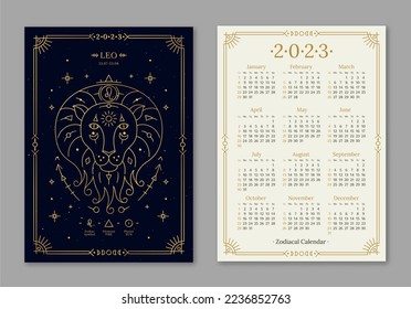 Year 2023 calendar template with Leo golden zodiac symbol. Pocket size dark navy color calendar with Lion horoscope sign. Week starts on Sunday thin line vector illustration