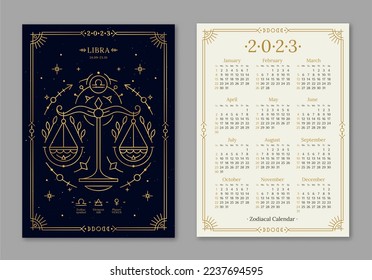 Year 2023 calendar template with Libra golden zodiac symbol. Pocket size dark navy color calendar with Scales horoscope sign. Week starts on Sunday thin line vector illustration