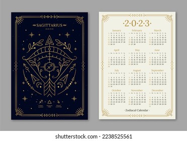 Year 2023 calendar template with Sagittarius golden zodiac symbol. Pocket size dark navy color calendar with Archer horoscope sign. Week starts on Sunday thin line vector illustration