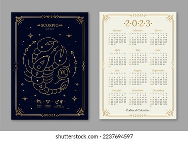 Year 2023 calendar template with Scorpio golden zodiac symbol. Pocket size dark navy color calendar with Scorpion horoscope sign. Week starts on Sunday thin line vector illustration