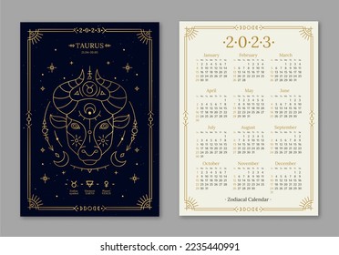 Year 2023 calendar template with Taurus golden zodiac symbol. Pocket size dark navy color calendar with horoscope sign. Week starts on Sunday thin line vector illustration