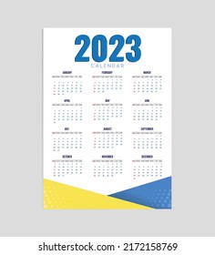 Year 2023 calendar vector design template, simple and clean design. Calendar for 2023 on White Background for organization and business. Week Starts Sunday.