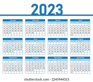 Year 2023 calendar vector design template. Week starts from sunday.