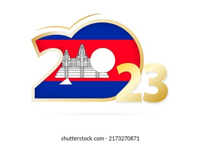 Year 2023 with Cambodia Flag pattern. Vector Illustration.