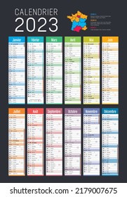 Year 2023 colorful calendar, in French language, on dark grey background. Vector template