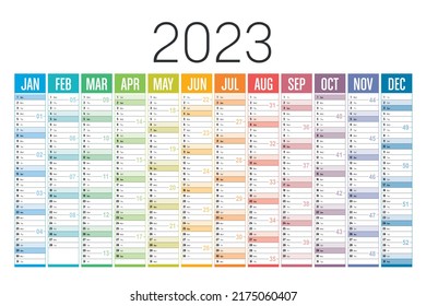Year 2023 colorful calendar on white background. Vector template.