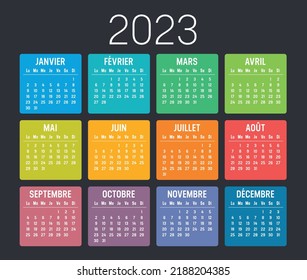 Year 2023 colorful minimalist calendar, in French language, on black background. Vector template.