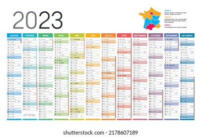 Year 2023 colorful wall calendar, in French language, on white background. Vector template svg