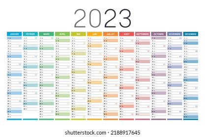 Year 2023 colorful wall calendar in French language, with weeks numbers, on white background. Vector template.