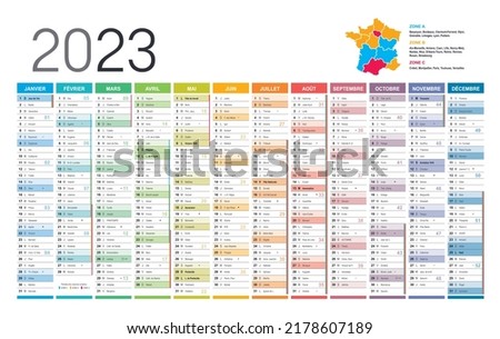 Year 2023 colorful wall calendar, in French language, on white background. Vector template