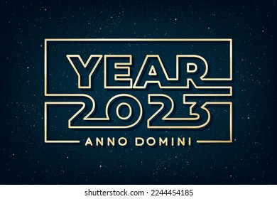 Year 2023 Glossy Gold Future Space Style Logo and Latin Anno Domini Lettering as in the Year of Our Lord Meaning - Golden on Blue Night Sky Illusion Background - Vector Mixed Graphic Design