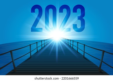 The Year 2023 With The Goal To Be Achieved For The Future Of A Company, With The Symbol Of A Pontoon Crossing The Ocean Towards The Sun Shining On The Horizon.