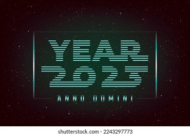 Year 2023 Holographic Future Space Style Logo and Latin Anno Domini Lettering as in the Year of Our Lord Meaning - Turquoise on Dark Night Sky Illusion Background - Vector Mixed Graphic Design