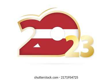 Año 2023 con patrón de bandera de Letonia. Ilustración vectorial.
