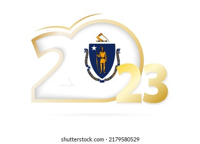 Year 2023 with Massachusetts Flag pattern. Vector Illustration.