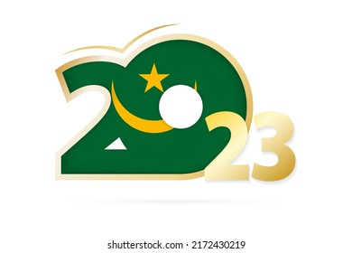 Año 2023 con el patrón de la bandera de Mauritania. Ilustración vectorial.