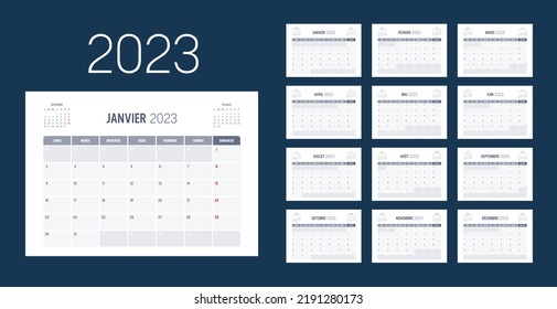 Year 2023 monthly calendar, in French language. Vector template.