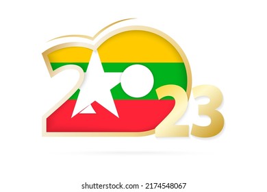 Año 2023 con el patrón de bandera de Myanmar. Ilustración vectorial.