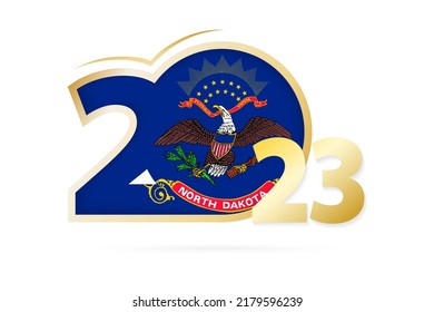 Year 2023 with North Dakota Flag pattern. Vector Illustration.