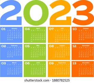Año 2023 calendario de cuadrícula de un mes de página, multicolor sobre fondo blanco. Plantilla de vectores. Cuadro del programa anual. Todos los meses en una página.
