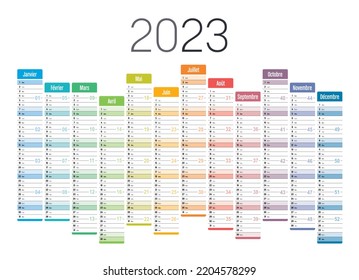 Year 2023 one page wall calendar, in French language, on white background. Vector template. svg
