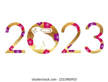 The Year 2023, The Year Of The Rabbit, Greeting Symbol With A Rabbit Mascot Decorated With Japanese Vintage Patterns. Vector Illustration Isolated On A White Background. 