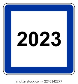 Year 2023 and road sign on white
