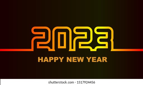 Year 2023 - simple greeting card, invitation, flyer, poster or design element - warm yellow-orange-red neon outline - vector illustration