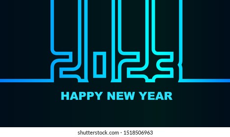 Year 2023 - simple greeting card, invitation, flyer, poster or design element - cold cyan-bluish-blue neon outline - vector illustration