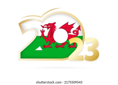 Año 2023 con patrón de bandera de Gales. Ilustración vectorial.
