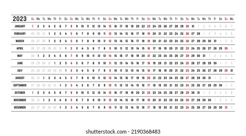 Year 2023 wall calendar with aligned dates. One page vector template, linear and horizontal design.