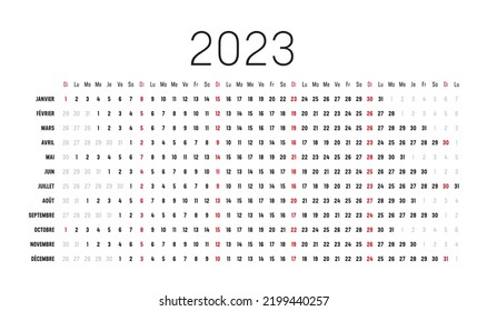 Year 2023 wall calendar with aligned dates, in French language. One page vector template, linear and horizontal design.