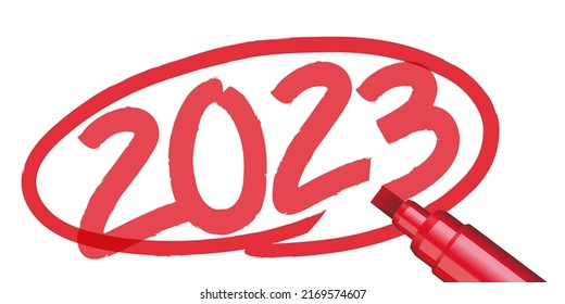 The year 2023 written by hand and surrounded by a red circle with a marker or marker, on a white paper background.