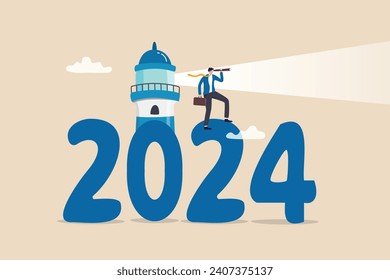 Year 2024 business forecast, prediction or searching new opportunity, success decision or analyze economic and investment concept, businessman look through telescope with 2024 lighthouse guiding.