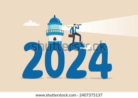 Year 2024 business forecast, prediction or searching new opportunity, success decision or analyze economic and investment concept, businessman look through telescope with 2024 lighthouse guiding.